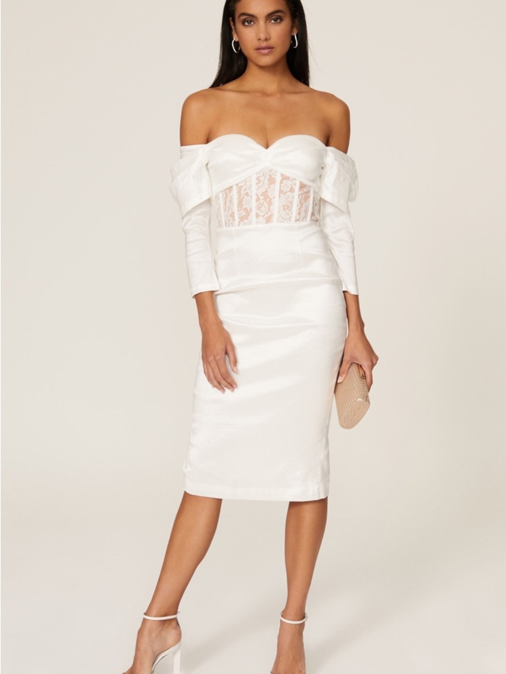 Elle Zeitoune Off-Shoulder White Lace-Panel Midi Dress size XS